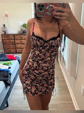 Women’s XS For Love & Lemons Black Floral Ruched Mini Dress Lace Trim Bodycon